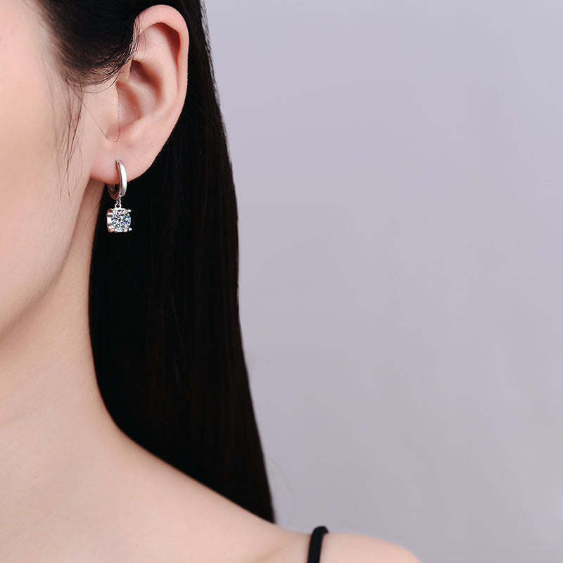 Earrings Sterling Silver Moissanite Drop Hoop Earrings with Four-Prong Setting