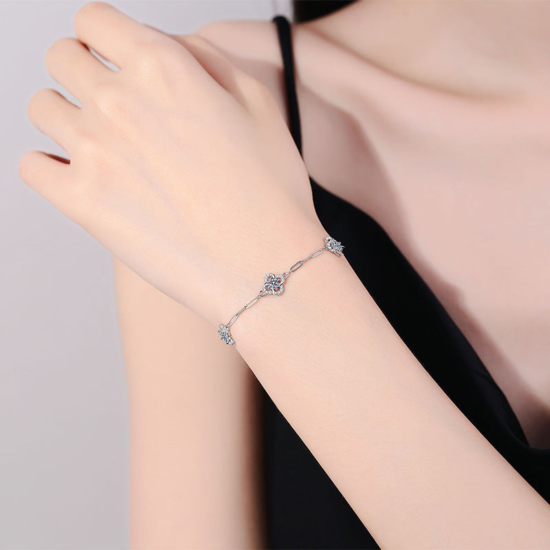 Bracelet Sterling Silver Four Leaf Clover Moissanite Diamond Chain Bracelet for Women