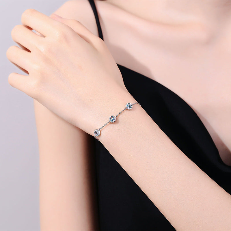 Bracelet Sterling Silver Moissanite Chain with Three Round Bezel Set Stones Adjustable Slider Clasp