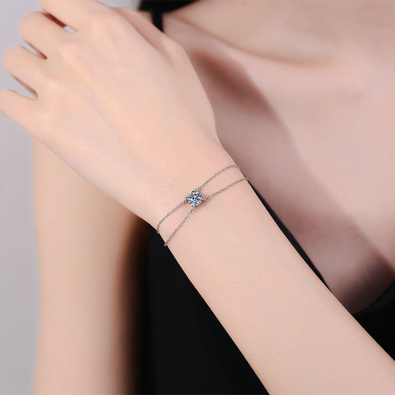 Bracelet Double Layer Four Prong Moissanite Sterling Silver Chain Bracelet with Brilliant Cut Stone
