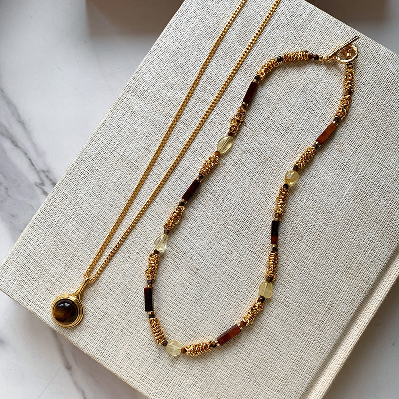 Layered Beaded Necklace with Natural Tiger Eye Stone Pendant for Women