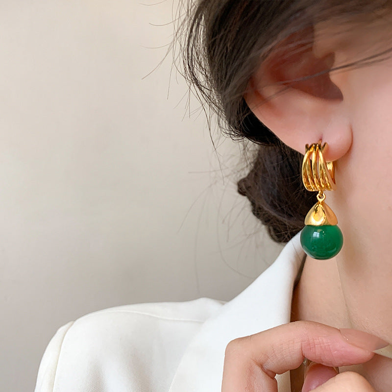 Vintage-Inspired Green Agate Geometric Earrings for Women