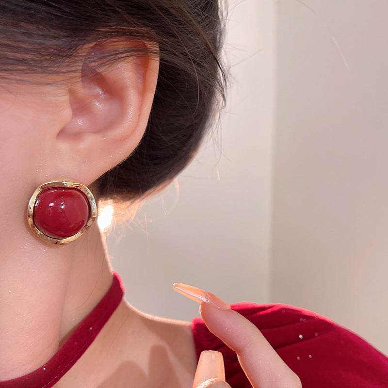 Geometric Red Pearl Stud Earrings with Gold-Tone Finish, Minimalist Vintage Style