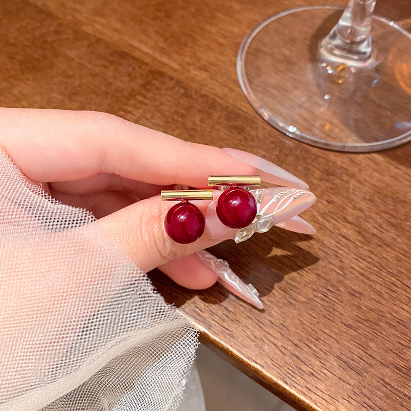 Minimalist Red Pearl Stud Earrings for Women, Geometric Design, Fashionable and Versatile