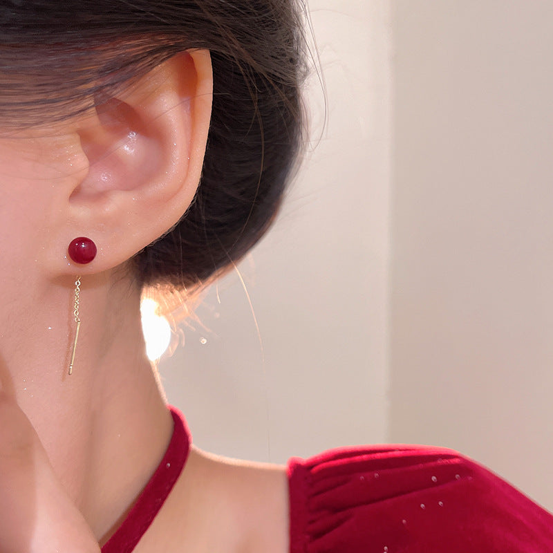 Long Fringe Drop Earrings with Red Geometric Beads for Women, Minimalist Style