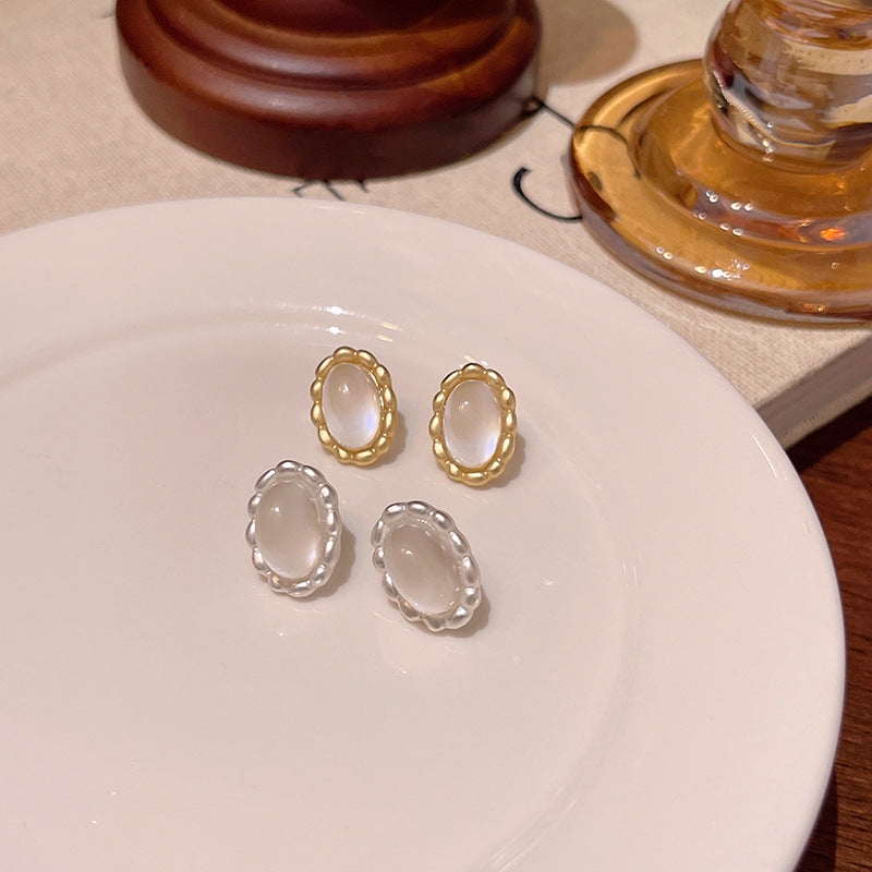 Elegant Oval Cat's Eye Stud Earrings with French-Inspired Minimalist Design