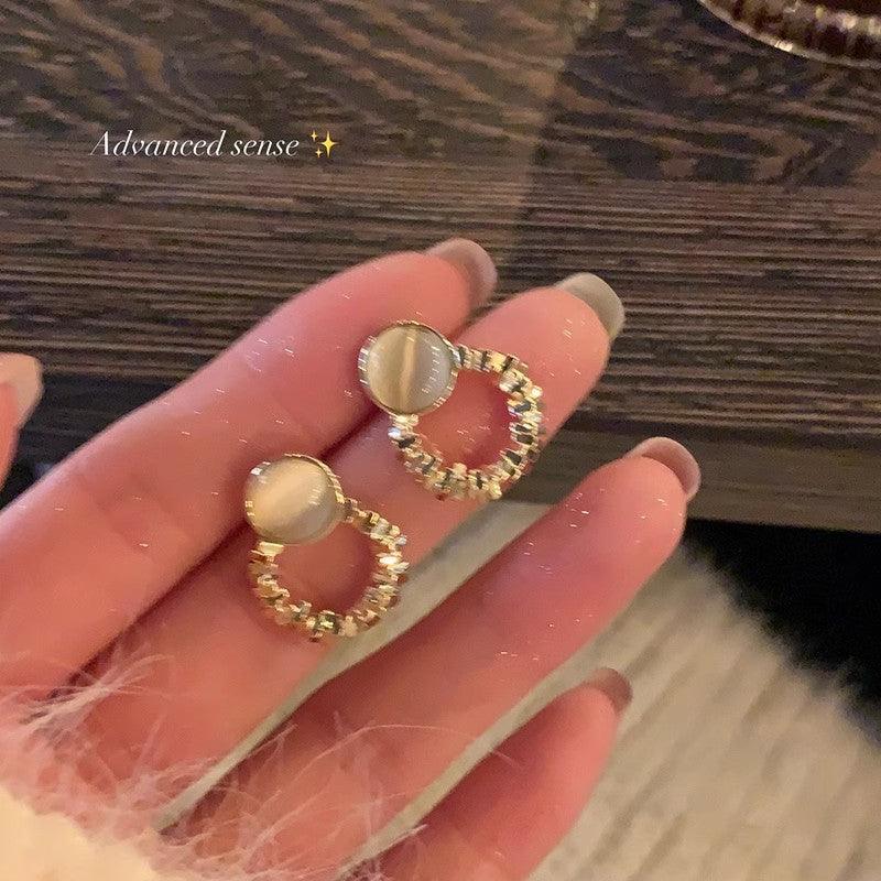 Geometric Cat's Eye Stone Stud Earrings with Flashy Silver Accents