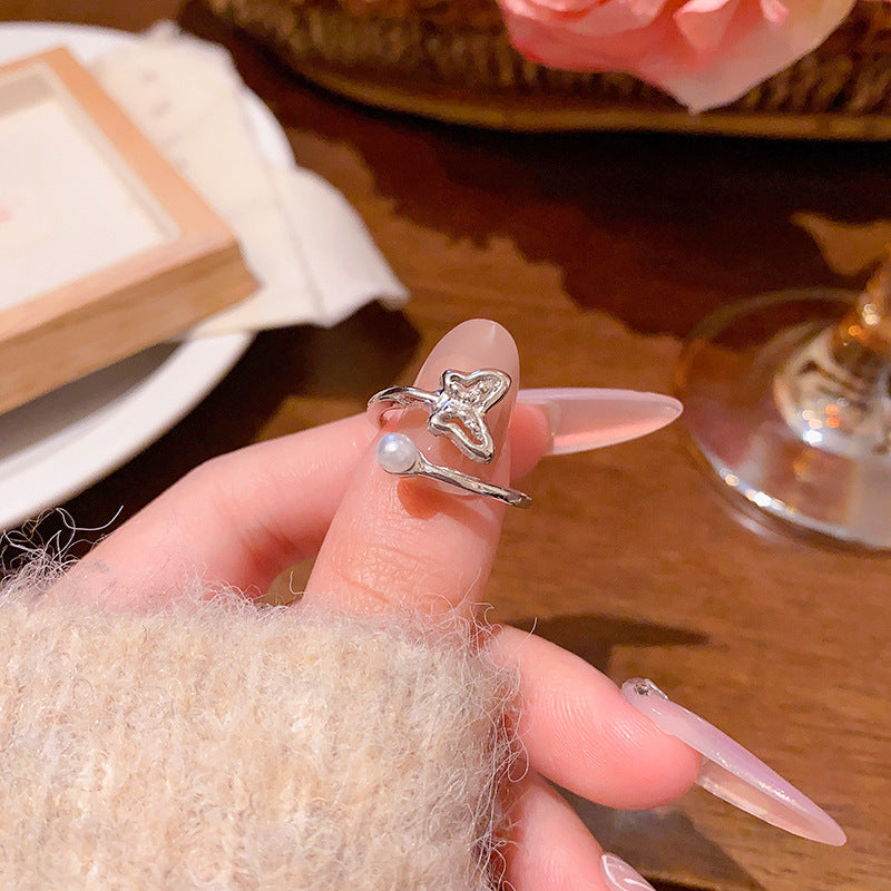 Adjustable Open Butterfly Ring with Pearl Accent for Women