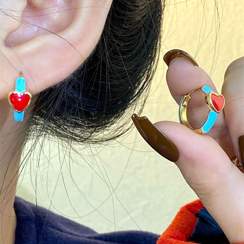 Summer Fresh Enamel Red Heart Clip-On Earrings for Women - Minimalist French Retro Style