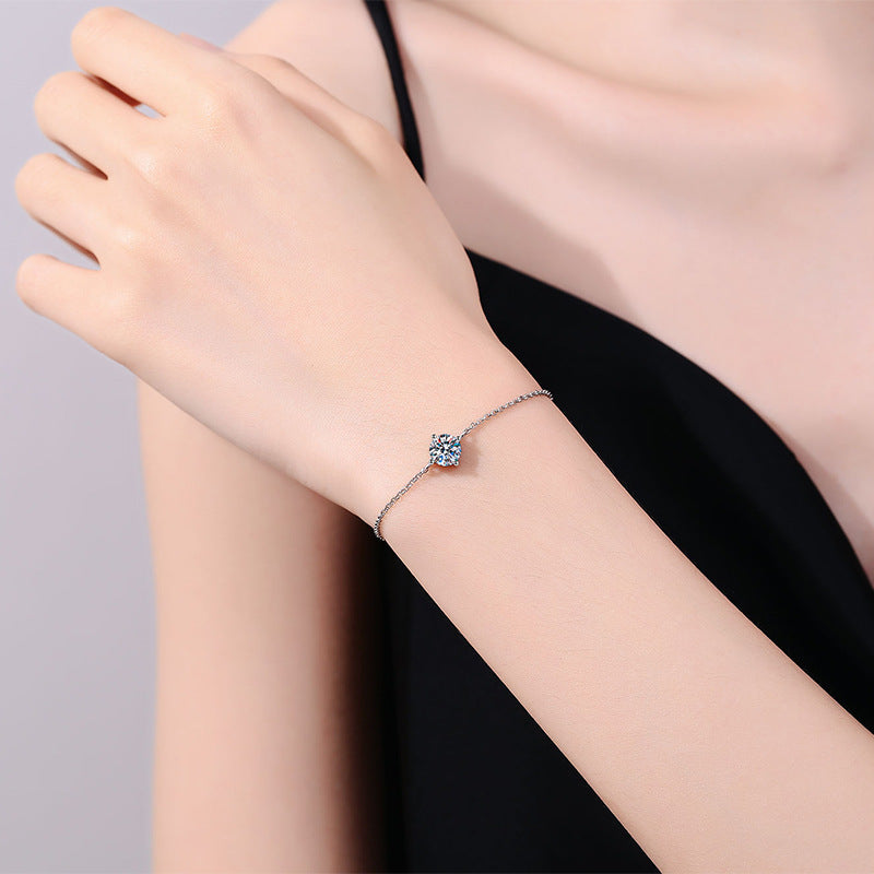 Bracelet Sterling Silver Four Prong Moissanite Solitaire Adjustable Chain Bracelet