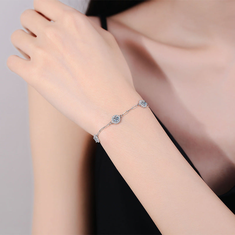 Bracelet Sterling Silver Moissanite Chain with Round Halo Settings and Adjustable Clasp