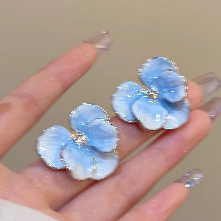 Vintage Blue Enamel Floral Stud Earrings with 3D Petal Design