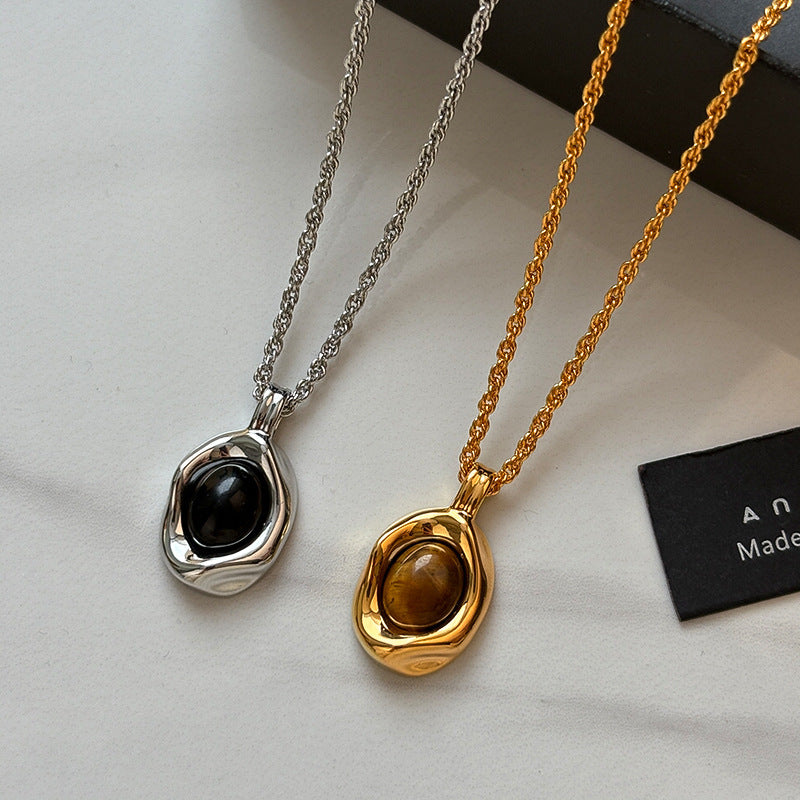 Minimalist Tiger Eye Stud Earrings and Necklace Set in 925 Sterling Silver with Gold Plating