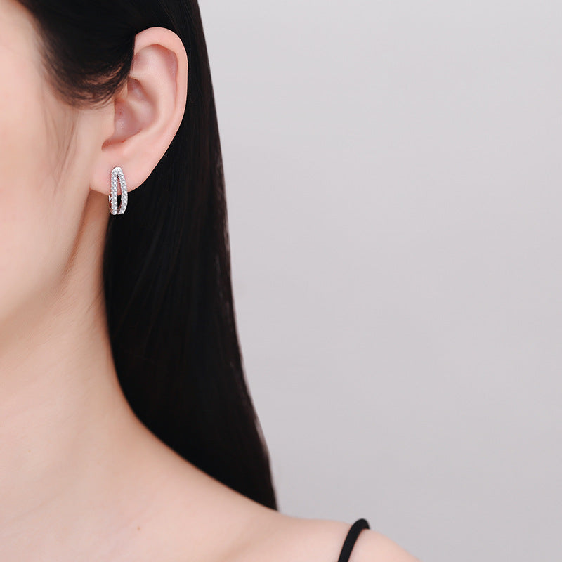 Elegant Crossover Moissanite Stud Earrings Sterling Silver Double Row Sparkling Hoop Design