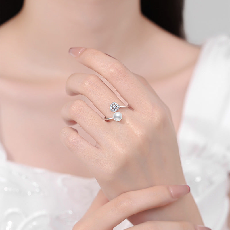 Ring Sterling Silver Heart-Shaped Moissanite and Freshwater Pearl Adjustable Open Band