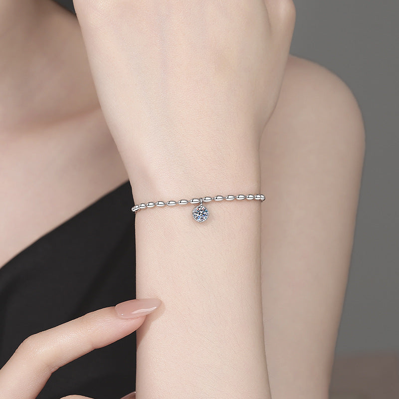 Bracelet Minimalist Sterling Silver Rice Bead Chain with Solitaire Moissanite Stone Charm