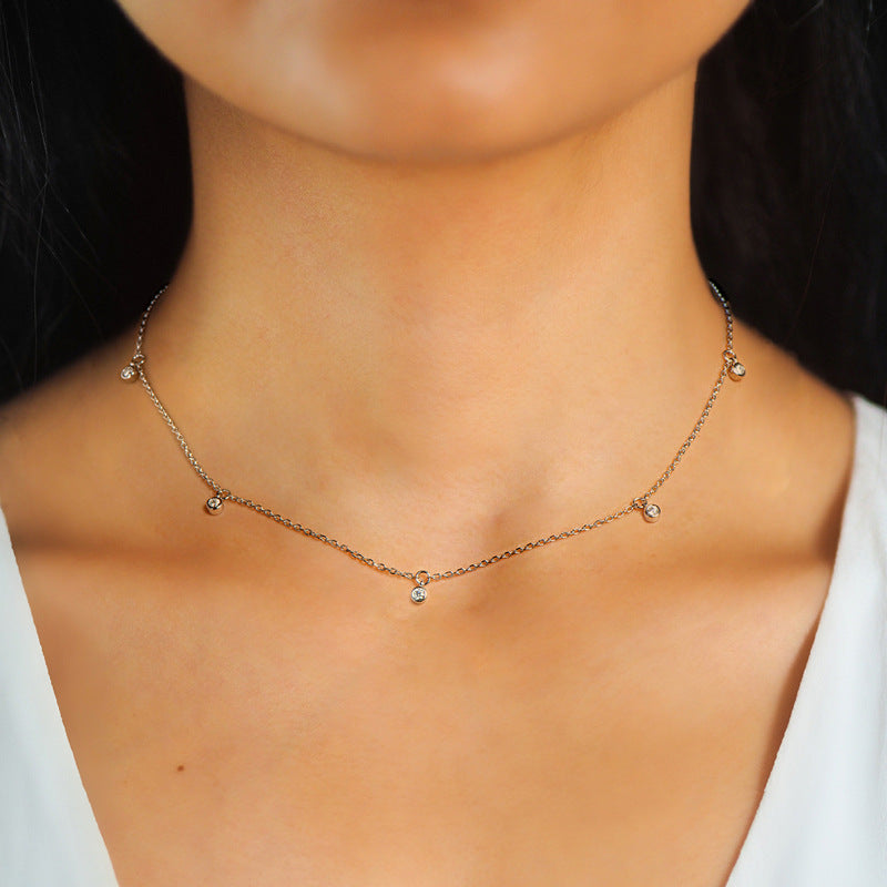 Necklace Delicate 925 Sterling Silver Moissanite Station Chain Collarbone Necklace