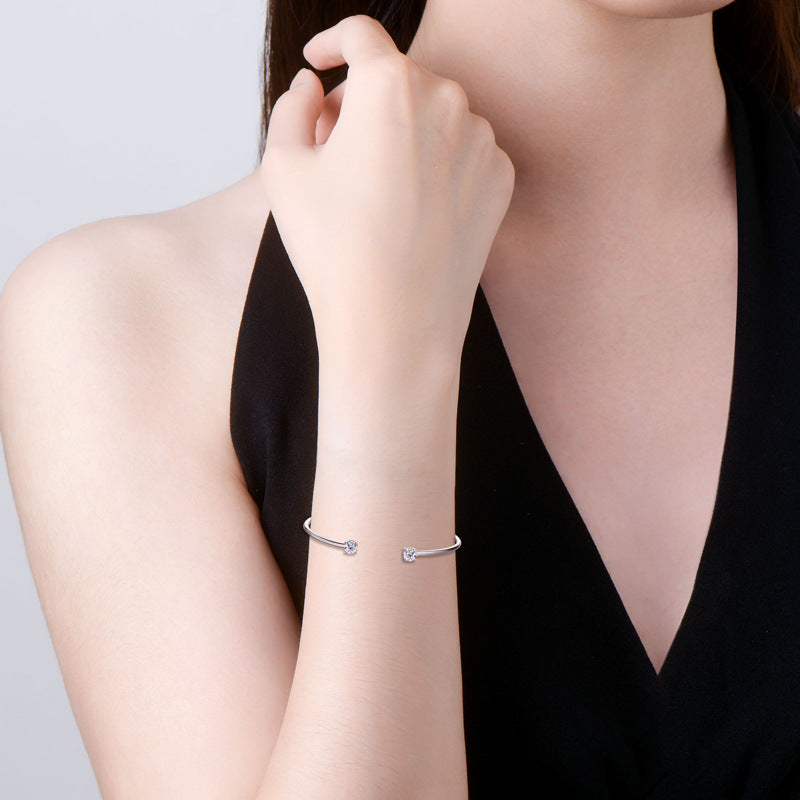 Bracelet Minimalist Open Cuff Bangle with Dual Moissanite Stones Sterling Silver