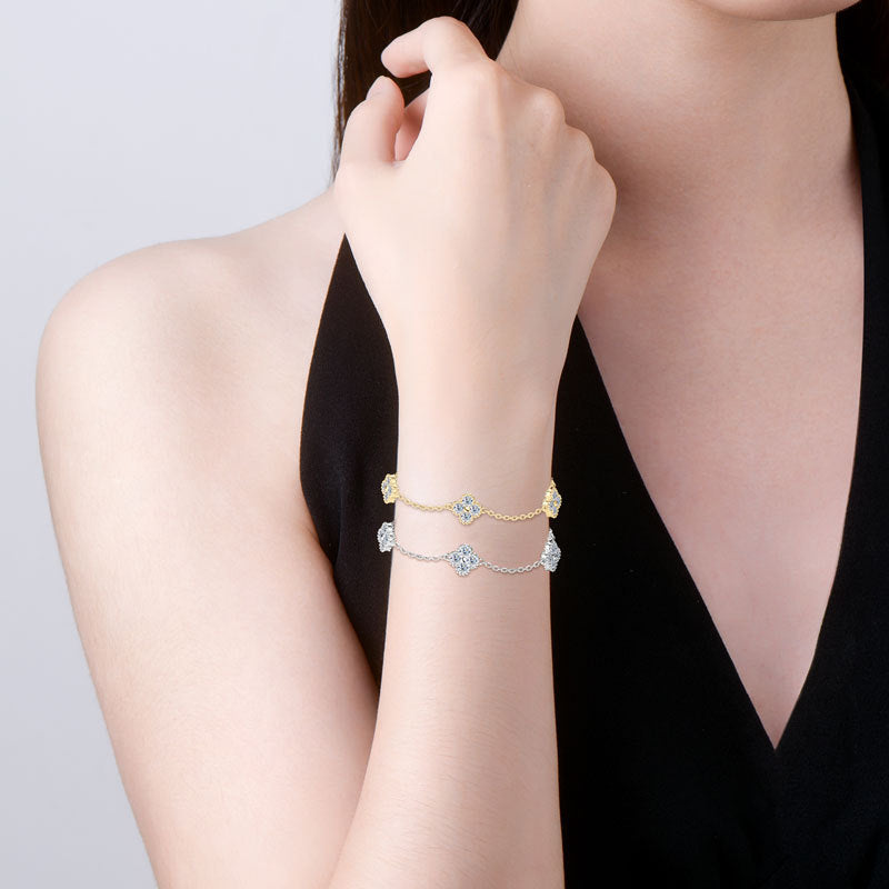 Bracelet Four Leaf Clover Moissanite Sterling Silver Chain Bracelet with Adjustable Extension