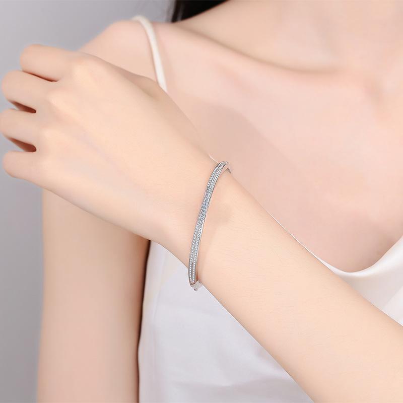 Bracelet with Double Row Full-Cut Moissanite Stones in Platinum-Plated 925 Sterling Silver, Minimalist High-End Design