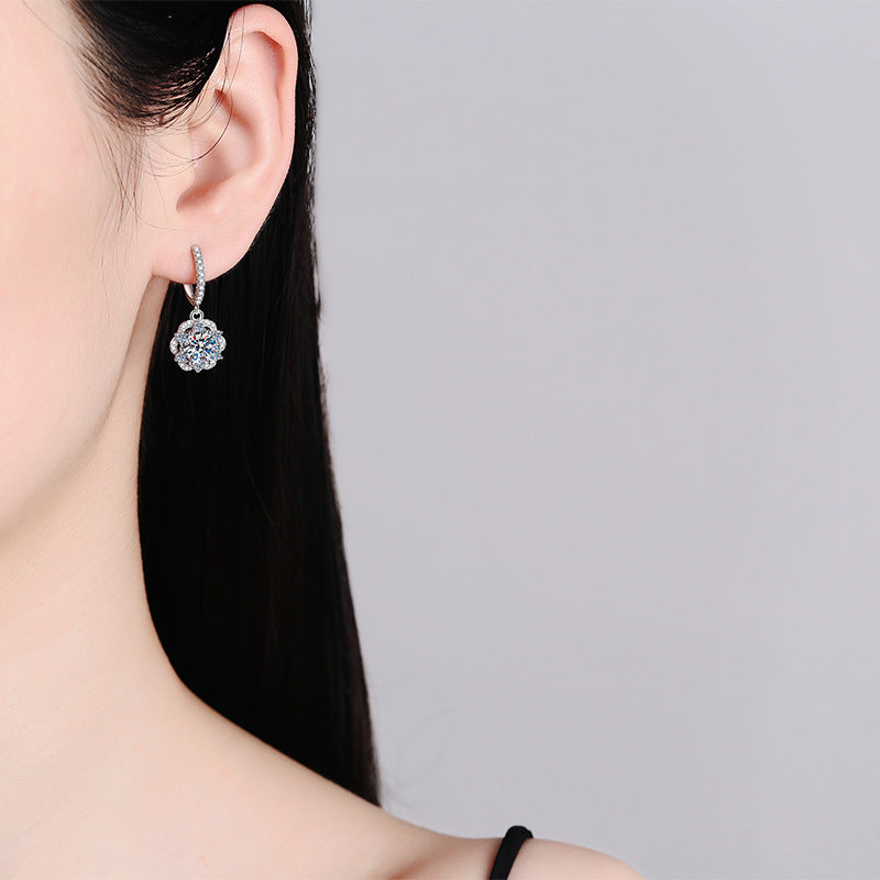 Earrings Sterling Silver Moissanite Rose Flower Halo Drop Earrings with Brilliant Cut Stones