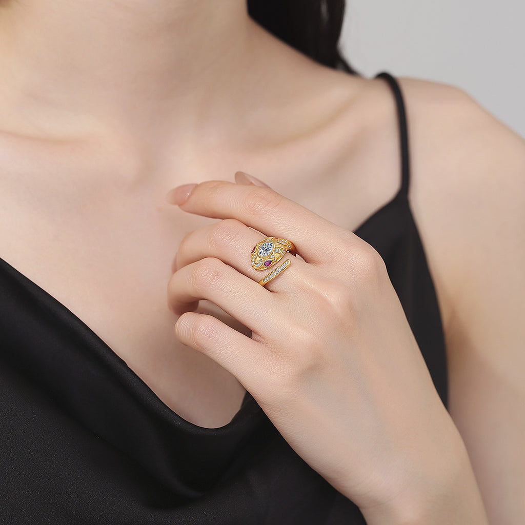Ring S925 Sterling Silver Snake Design with Moissanite Stone 18K Gold Plated in Pink
