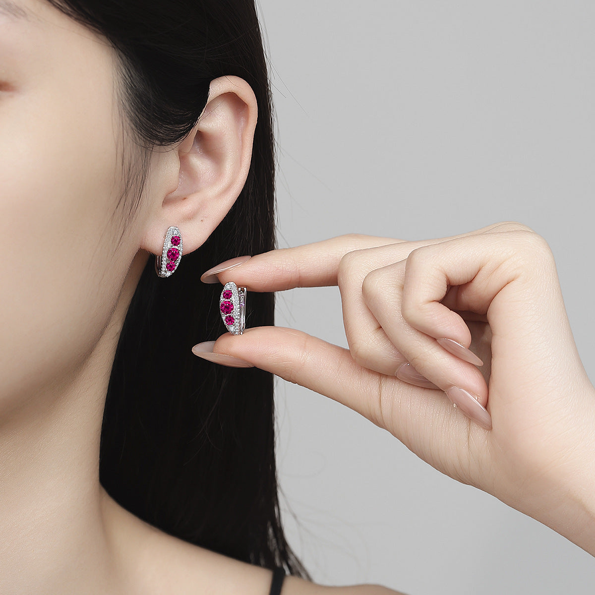 Earrings - Sterling Silver Hoop Earrings with Pigeon Blood Red Cubic Zirconia Stones