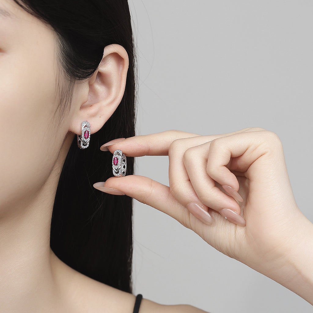 Earrings - Sterling Silver Oval Colorful Zirconia Hoop Earrings 3x5mm