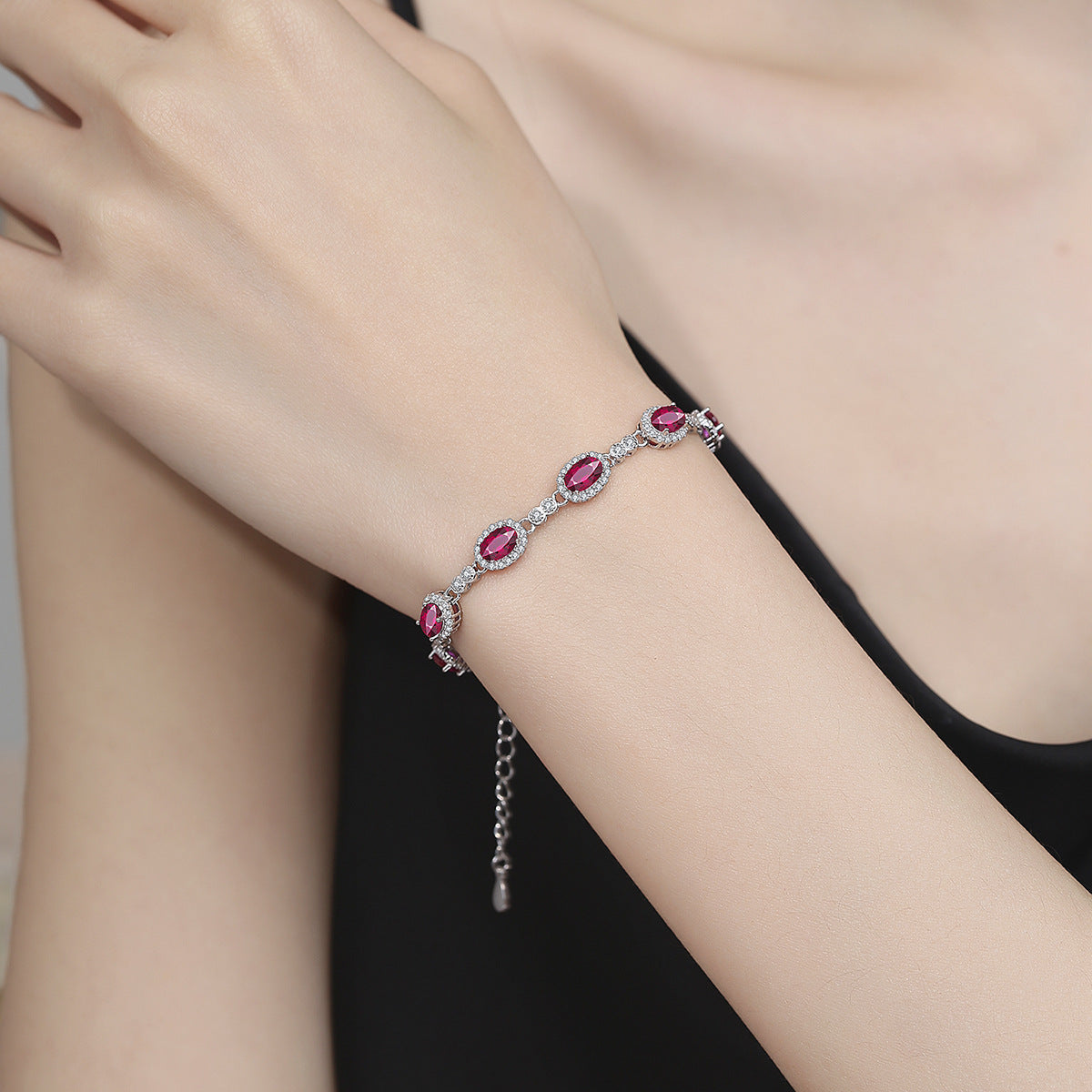 Bracelet - Sterling Silver Adjustable Chain with Colorful Cubic Zirconia Gemstone