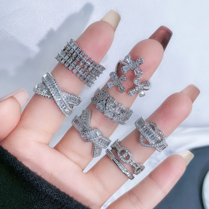 French Luxury Open Ring with Full Pavé Zircon Stones for Women - Geometric Style Statement Piece