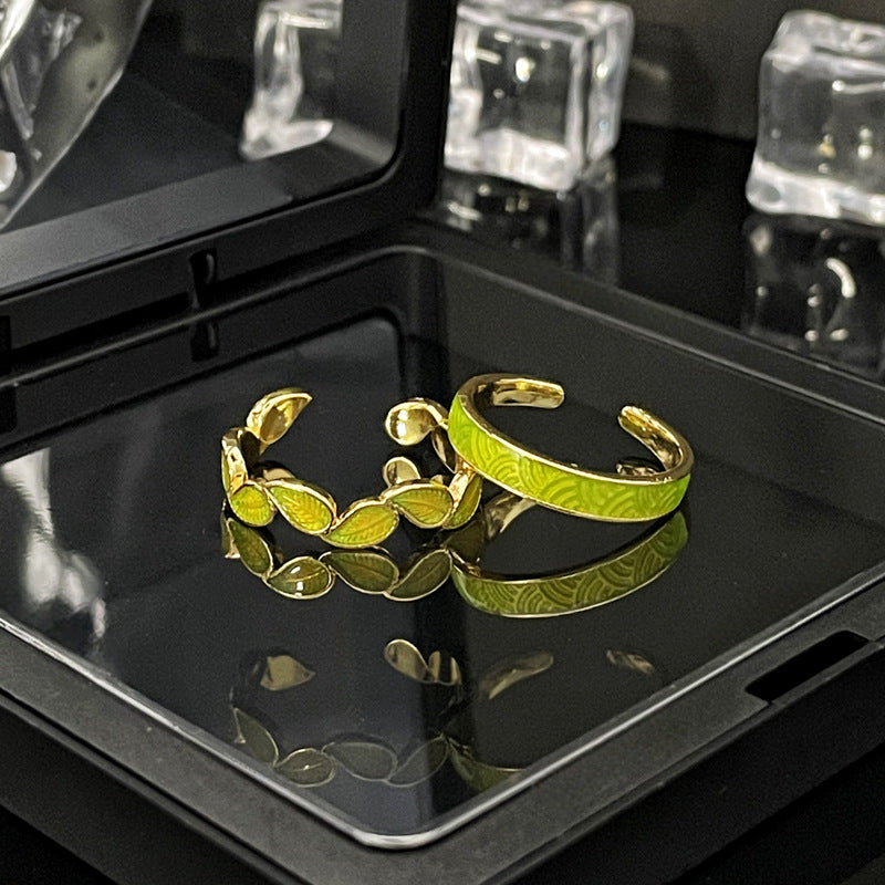 Enamel Drip Irregular Leaf Ring - Minimalist New Chinese Style Open Adjustable Statement Ring