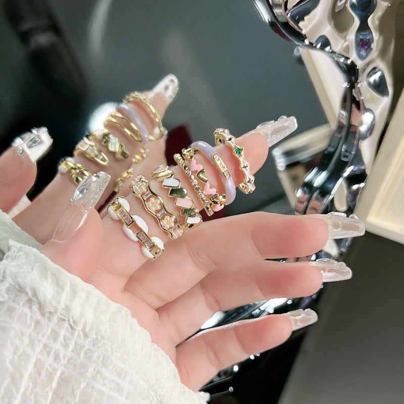 Enamel Drip Heart Ring - Elegant Palace Style Adjustable Geometric Statement Finger Ring for Women