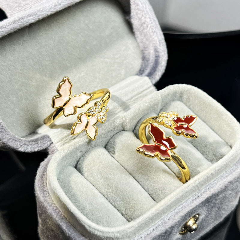 Butterfly Enamel Ring for Women - Sweet and Edgy Geometric Open Ring with Dual Butterfly Design