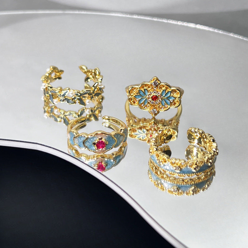 Ring - Exquisite Openwork Enamel Floral Statement Finger Ring in New Chinese Style