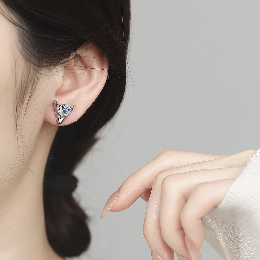 Earrings - Sterling Silver Triangle Moissanite Stud Earrings Geometric Minimalist Design