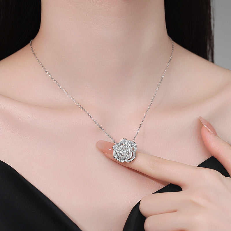 Necklace Sterling Silver Camellia Flower Pendant with Full Pave Moissanite Stones Elegant Collarbone Chain