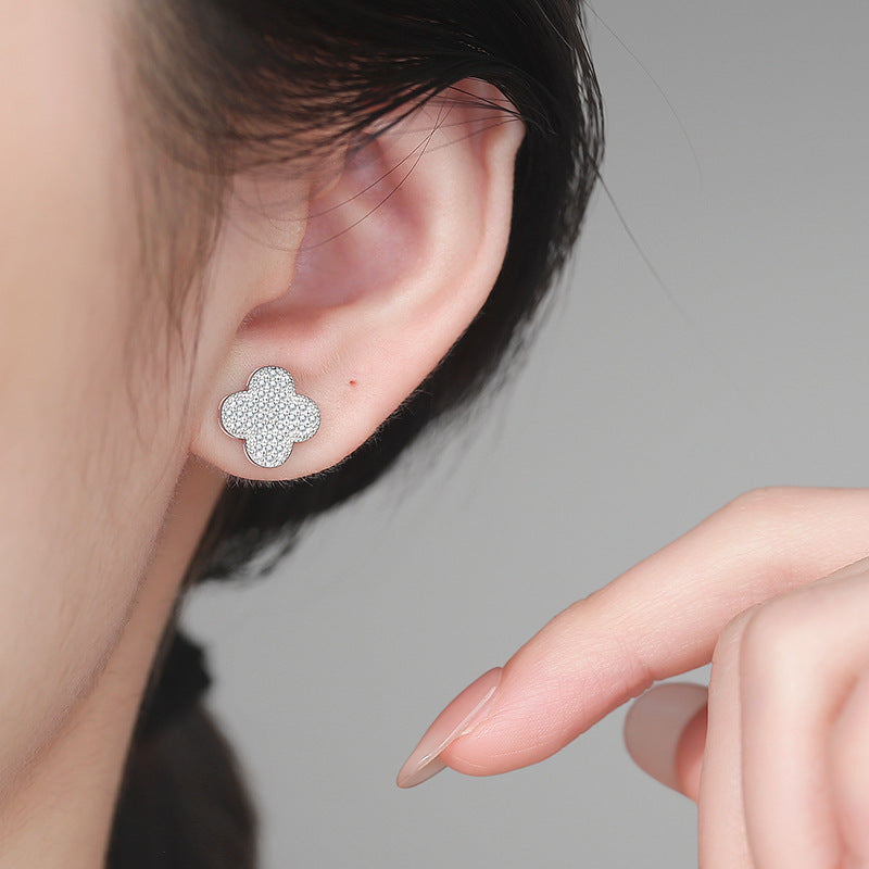 Earrings Sterling Silver Four Leaf Clover Stud Earrings with Full Pave Moissanite Stones