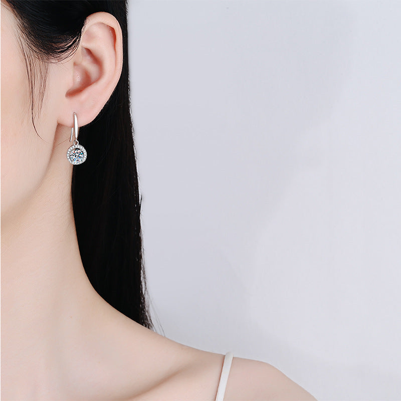 Elegant Sterling Silver Halo Drop Earrings with Round Moissanite Stone and Hook Closure