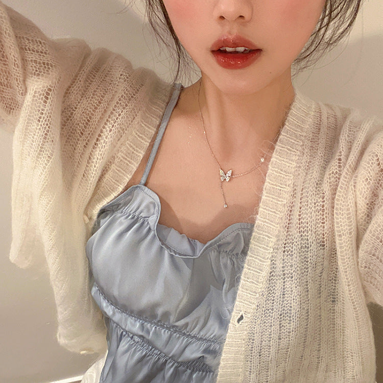 Butterfly Titanium Steel Necklace for Women - Elegant Pearl Collarbone Chain with Delicate Design