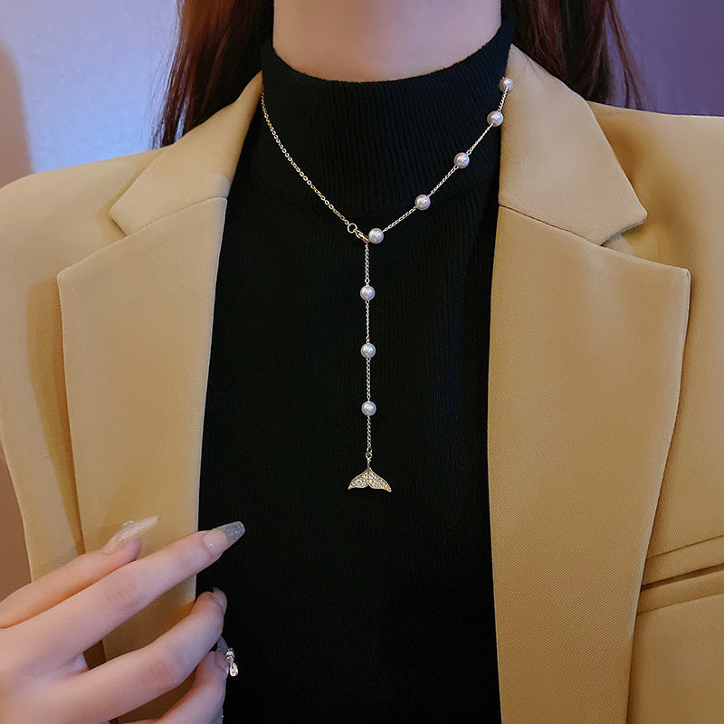 Adjustable Mermaid Tail Pearl Stainless Steel Necklace for Women - Elegant & Trendy Layering Piece