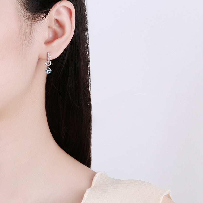 Earrings Sterling Silver Moissanite Drop Hoop Earrings with Circular Pave Design