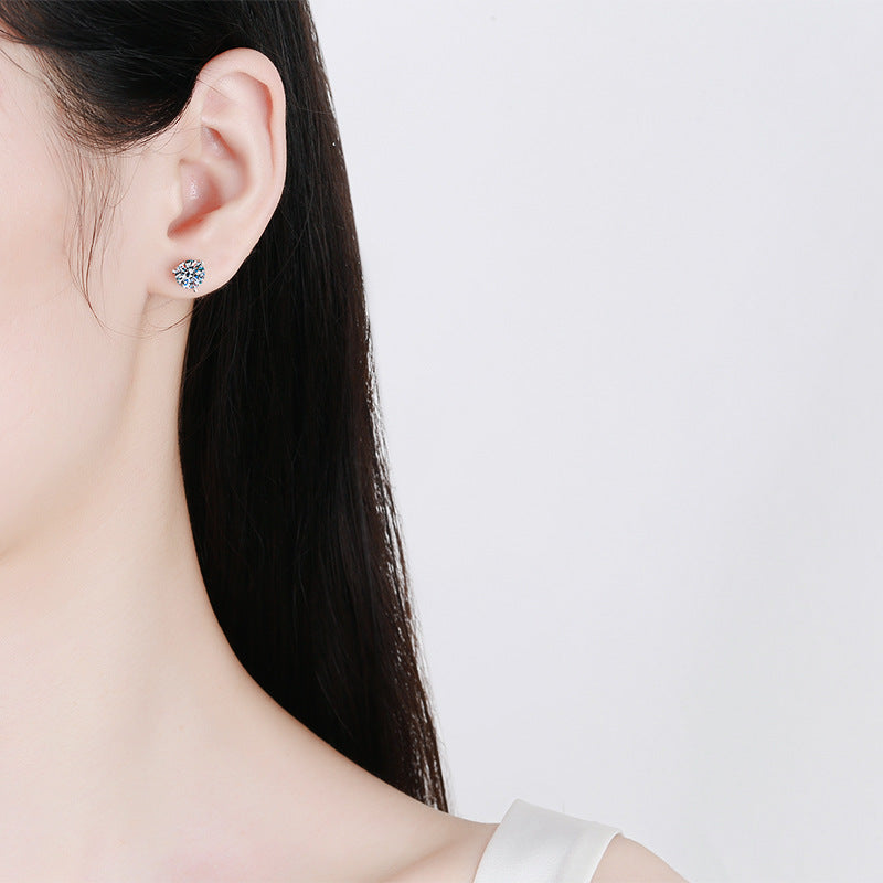 Earrings Sterling Silver Three Prong Moissanite Stud Earrings with Platinum Plating Unisex Design