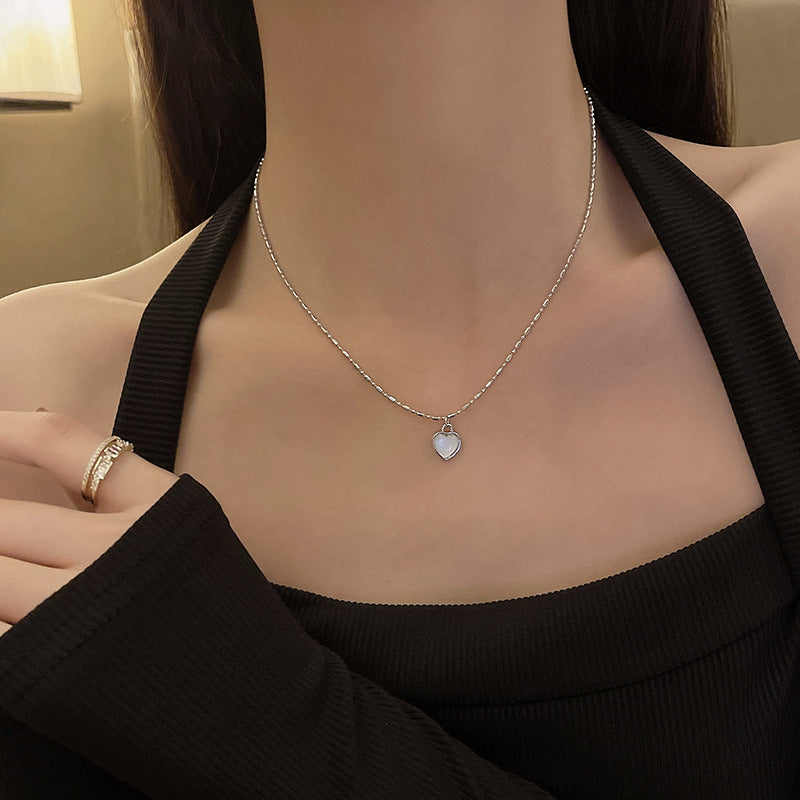 Cat's Eye Heart Pendant Necklace for Women - Silver Tone Layering Chain with Geometric Design