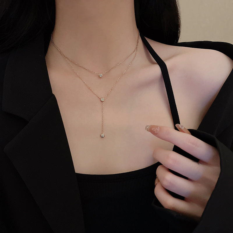 Layered Titanium Steel Necklace with Geometric Zirconia Pendant in Rose Gold