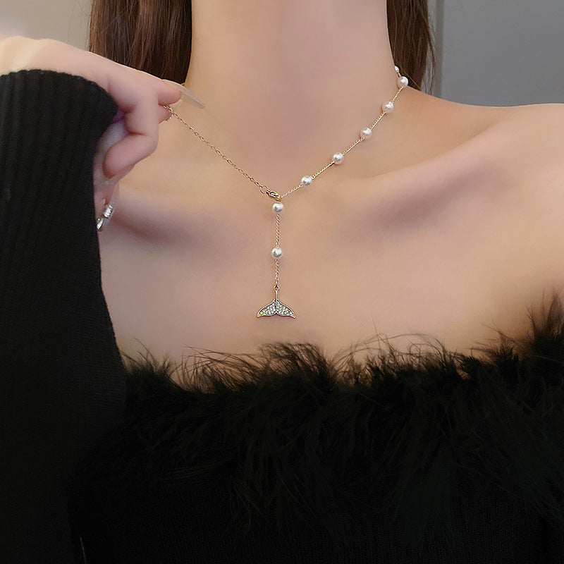 Long Mermaid Tail Pearl Necklace with Fringe Pendant for Women, Gold Tone Geometric Design
