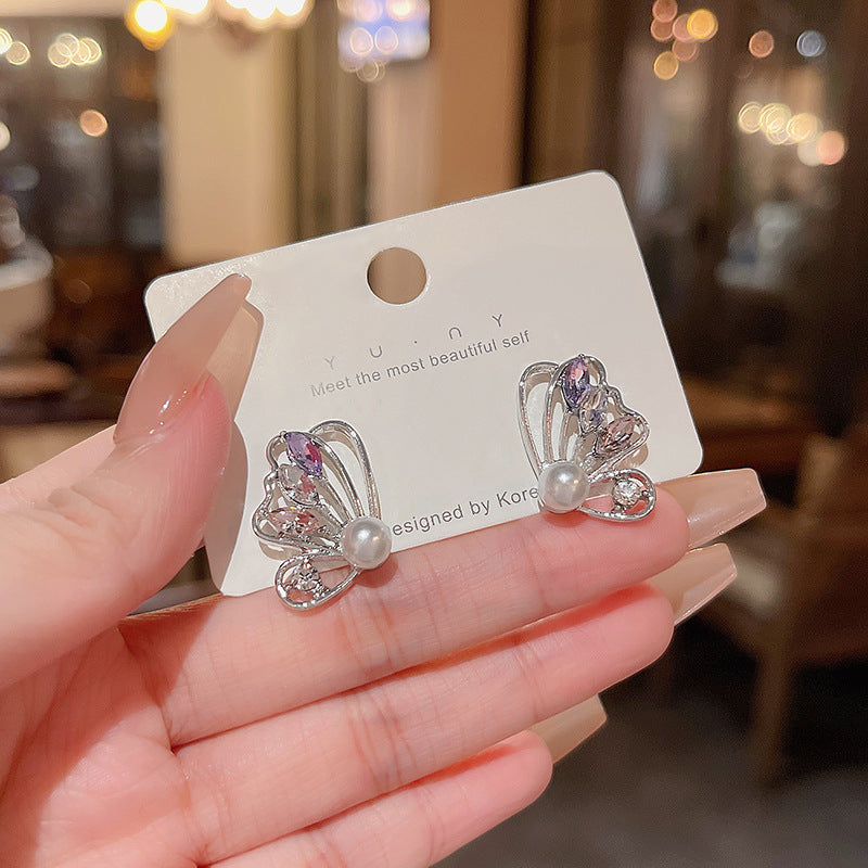 Butterfly Pearl Stud Earrings with Colorful Zirconia and S925 Silver Needles