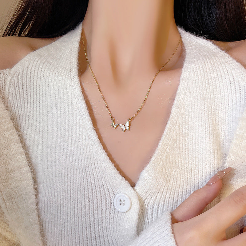 Titanium Steel Bow Pendant Necklace with Cubic Zirconia Accents for Women