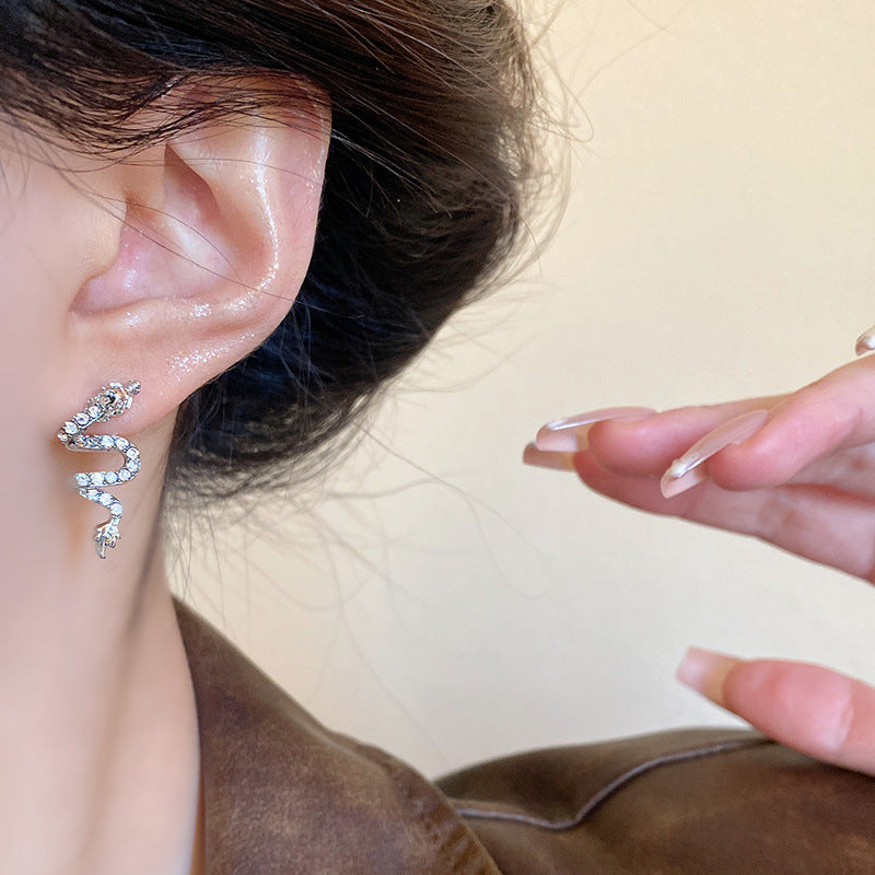 Dragon Stud Earrings with Diamond Accents, S925 Silver Zodiac Animal Design