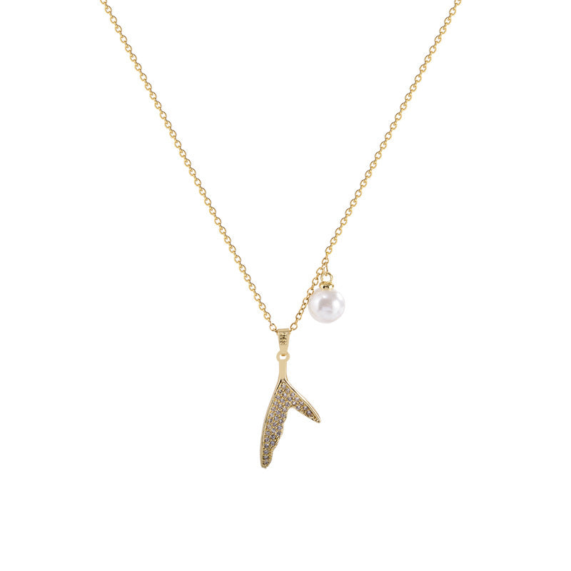 Luxury Mermaid Tail Titanium Steel Necklace with Micro-Pave Diamonds and Pearl Pendant