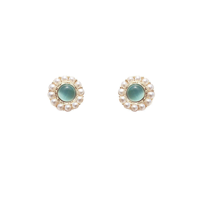 Geometric Cat's Eye Stone Pearl Earrings with 925 Silver Posts